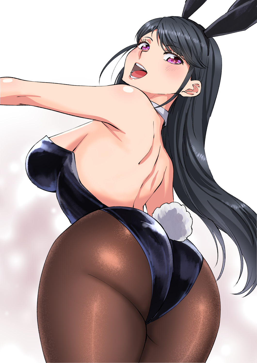 :d animal_ears ass bare_shoulders black_hair black_leotard breasts brown_pantyhose choker fake_animal_ears fake_tail from_behind highres ishii_hisao large_breasts leotard long_hair looking_at_viewer open_mouth original outstretched_arms pantyhose playboy_bunny purple_eyes rabbit_ears rabbit_tail smile spread_arms standing tail white_choker