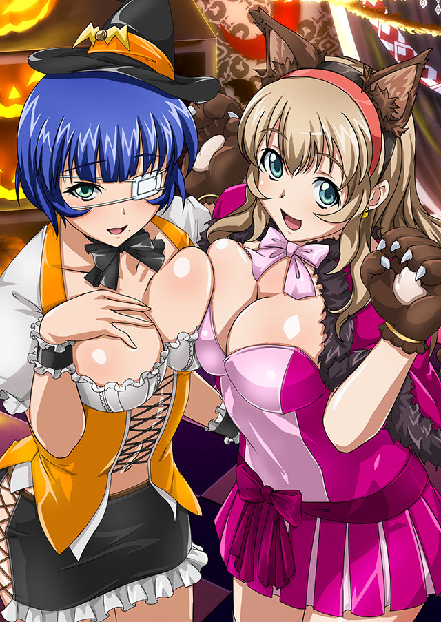 2girls :d animal_ears animal_hands bangs black_bow black_bowtie black_hairband black_headwear black_skirt blue_eyes blue_hair blunt_bangs bow bowtie breast_press breasts brown_gloves capelet cleavage collarbone dress earrings eyepatch fake_animal_ears frilled_skirt frills fur-trimmed_capelet fur_trim gloves green_eyes hairband halloween_costume hat hat_ribbon ikkitousen jewelry large_breasts light_brown_hair long_hair magatama magatama_earrings midriff mini_hat miniskirt mole mole_under_mouth multiple_girls navel orange_ribbon paw_gloves pencil_skirt pink_bow pink_bowtie pleated_dress rabbit_ears red_capelet red_dress red_hairband ribbon ryomou_shimei shiny shiny_hair short_dress short_hair skirt smile sonken_chuubou stomach strapless strapless_dress werewolf_costume witch witch_hat