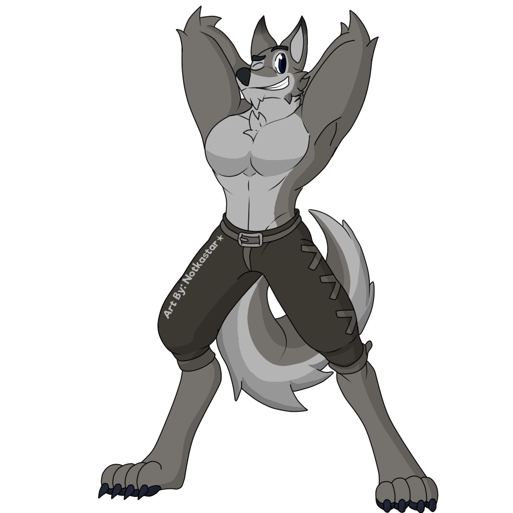 anthro belt bottomwear canid canine canis clothed clothing hands_behind_head male mammal muscular notkastar one_eye_closed pants pecs raised_arms solo topless wink wolf