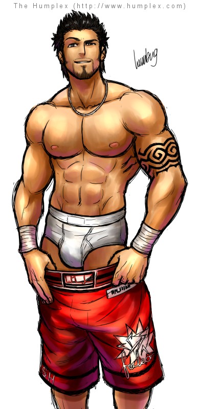 abs beard black_hair brad_burns bulge facial_hair humbuged jewelry male_focus muscle necklace pectorals raised_eyebrow shirtless shorts shorts_pull solo tattoo underwear virtua_fighter watermark web_address