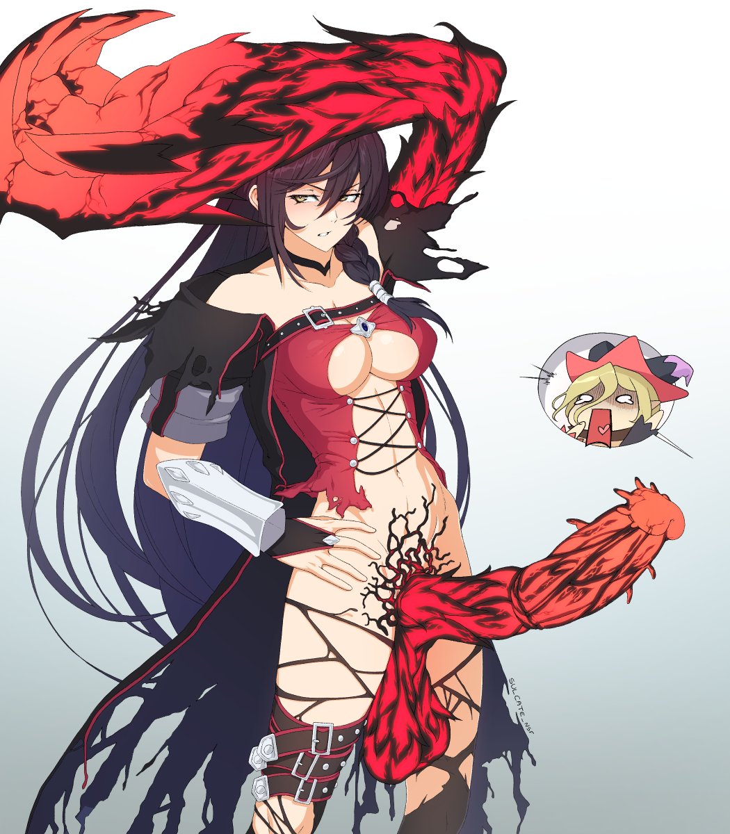 2girls arm_up black_hair blonde_hair bottomless braid bridal_gauntlets claws erection futanari gradient gradient_background hair_between_eyes hand_on_hip hat highres huge_penis huge_testicles leg_belt long_hair magilou_(tales) multiple_girls navel open_mouth parted_lips penis pointy_ears single_vambrace solo_focus spiked_penis sulcate tales_of_(series) tales_of_berseria tearing_up teeth testicles uncensored vambraces velvet_crowe witch_hat yellow_background