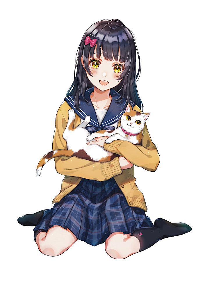 1girl animal bangs bell black_hair black_socks blue_bow blue_sailor_collar blue_skirt bow brown_cardigan calico cardigan cat collar collarbone hair_bow hair_ornament hairpin happy holding holding_animal holding_cat jingle_bell light_blush long_hair long_sleeves looking_at_viewer open_cardigan open_clothes open_mouth original paw_print pink_bow pink_collar piroshiki123 plaid plaid_skirt pleated_skirt sailor_collar school_uniform serafuku shiny shiny_hair simple_background sitting skirt smile socks sparkling_eyes wariza white_background white_serafuku yellow_cardigan yellow_eyes