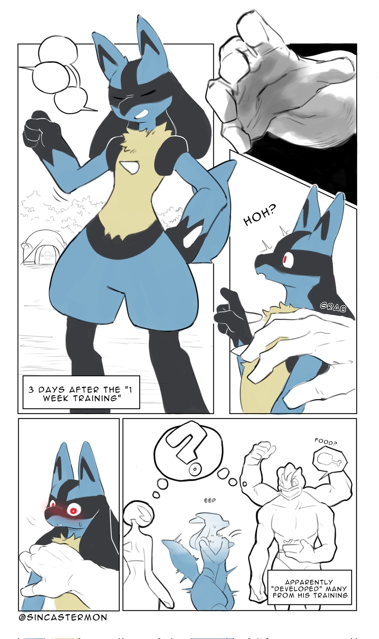 ambiguous_gender anthro big_hand blush comic english_text flustered gardevoir generation_1_pokemon generation_3_pokemon generation_4_pokemon group hand_between_legs hi_res looking_back lucario machamp nintendo partially_colored pokemon pokemon_(species) question_mark shocked_expression sincastermon size_difference surprise text thought_bubble video_games