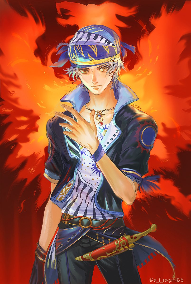 1boy bandana bangs black_gloves black_jacket black_panther chain_necklace closed_mouth cowboy_shot dagger fiery_background final_fantasy final_fantasy_vi fire gloves grey_hair jacket jewelry knife lock_cole looking_at_viewer male_focus multicolored_clothes multicolored_headwear necklace open_collar orange_eyes parted_bangs print_shirt regan_(hatsumi) shirt short_hair short_sleeves solo twitter_username weapon wristband