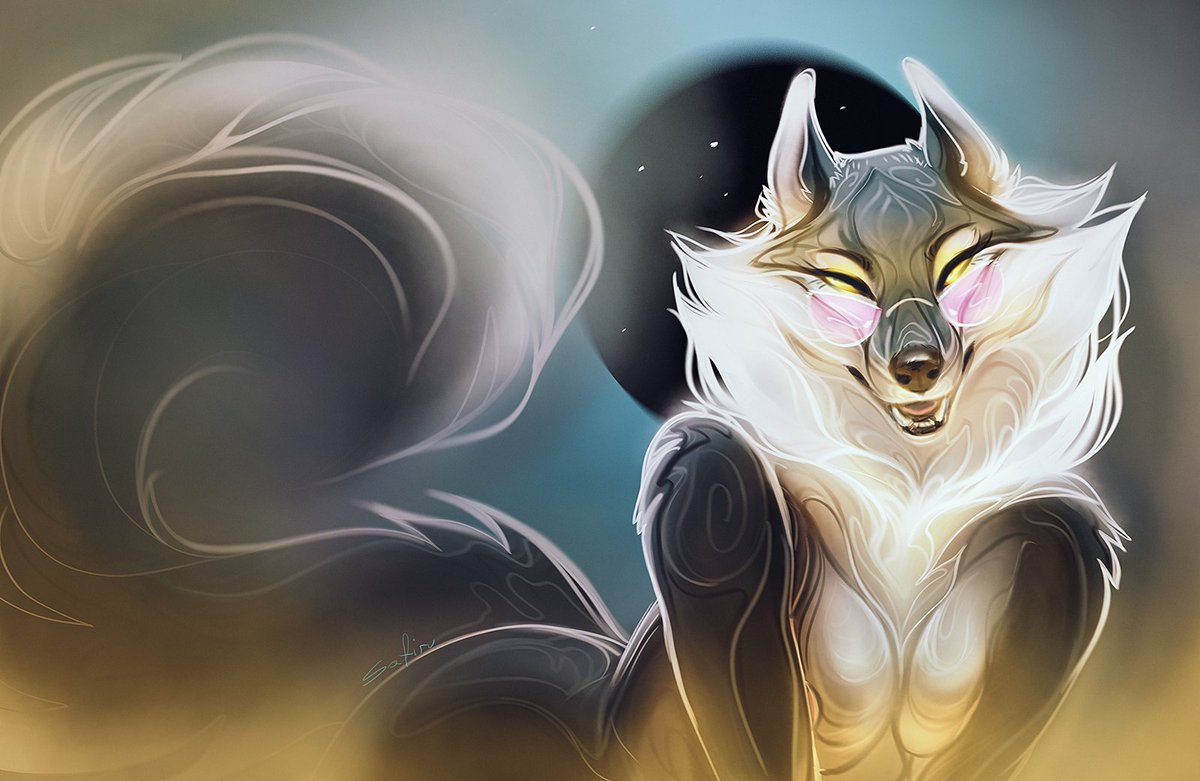 2022 anthro black_body black_fur breasts canid canine canis digital_media_(artwork) eyebrows eyelashes featureless_breasts female fur looking_at_viewer mammal nude open_mouth safiru smile teeth tongue white_body white_fur wolf yellow_eyes