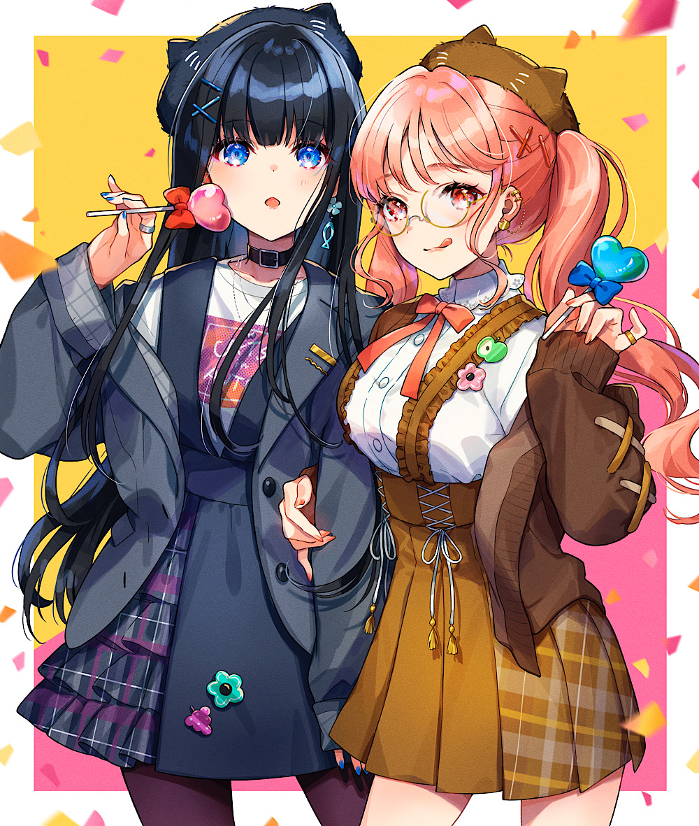2girls :o animal_hat aqua_flower badge bangs black_choker black_hair black_headwear black_jacket black_skirt black_thighhighs blazer blouse blue_bow blue_eyes blue_flower blue_nails blunt_bangs border bow breasts brown_cardigan brown_headwear brown_skirt button_badge candy cardigan casual choker clothes_writing clothing_request collar collared_shirt confetti dress earrings fashion fish_earrings floral_print flower flower_earrings food frilled_collar frills from_side glasses gold_earrings grey_jacket grey_skirt hair_ornament hairpin hand_on_another's_arm hat heart heart_lollipop holding holding_candy holding_food holding_lollipop jacket jewelry large_breasts lollipop long_hair long_sleeves looking_at_viewer looking_to_the_side multicolored_background multiple_girls multiple_hairpins necklace open_cardigan open_clothes open_jacket orange_ribbon original pinafore_dress pink_background pink_eyes pink_flower pink_hair pink_nails pink_ribbon piroshiki123 plaid plaid_skirt pleated_skirt pocket print_shirt red_bow ribbon ring round_eyewear shaped_lollipop shirt skirt sleeves_past_wrists standing string suspender_skirt suspenders sweets t-shirt thighhighs tongue tongue_out twintails white_border white_shirt x_hair_ornament yellow-framed_eyewear yellow_background yellow_skirt
