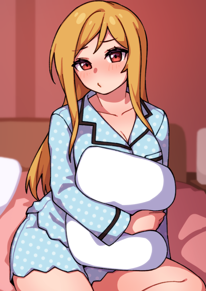 1girl blonde_hair blush breasts cleavage collarbone idolmaster idolmaster_million_live! indoors kwaejina long_hair looking_at_viewer momose_rio o3o object_hug on_bed open_collar pajamas pillow pillow_hug polka_dot polka_dot_pajamas red_eyes sitting solo straight_hair very_long_hair