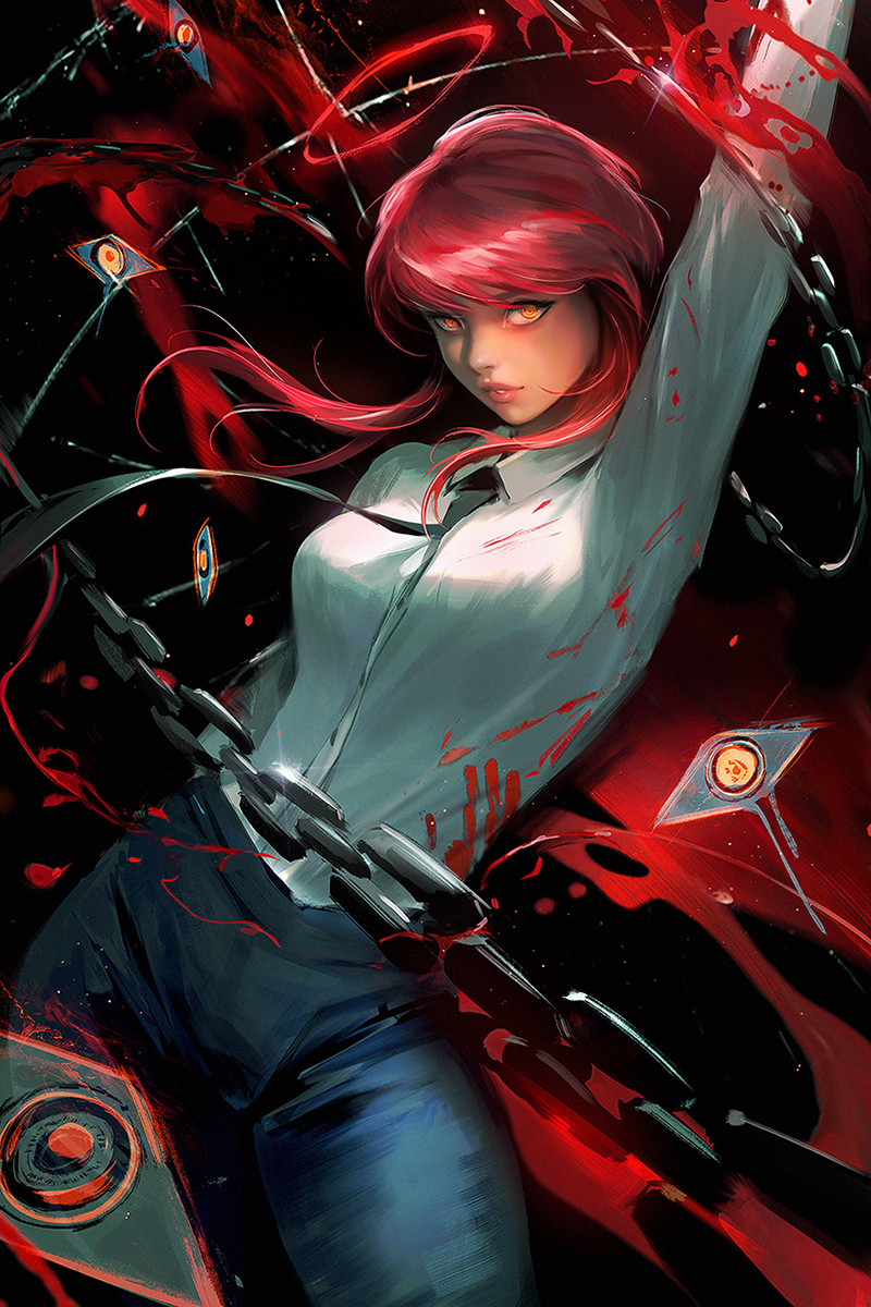 1girl arm_up black_background black_necktie blood blood_on_clothes bloody_handprints braid chain chainsaw_man collared_shirt cowboy_shot dark_background english_commentary glint highres long_hair looking_at_viewer makima_(chainsaw_man) necktie pants parted_lips red_hair ringed_eyes ross_tran shirt shirt_tucked_in solo yellow_eyes
