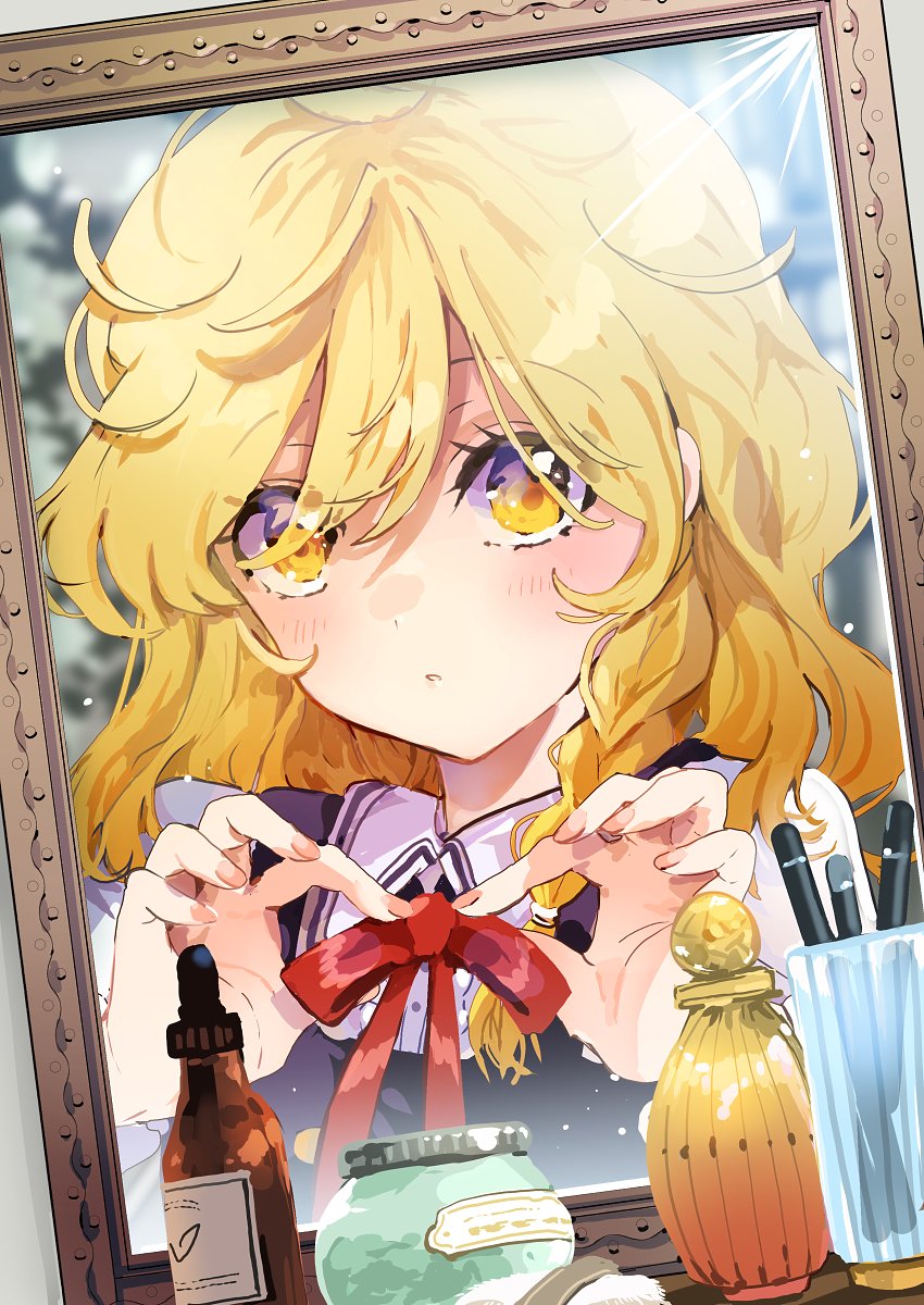 1girl adjusting_neck_ribbon azuma_aya blonde_hair blush braid cosmetics highres kirisame_marisa looking_at_viewer messy_hair mirror reflection single_braid solo touhou upper_body yellow_eyes