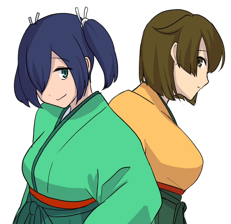 blue_hair blue_hakama breasts brown_hair green_hakama green_kimono hair_over_one_eye hair_ribbon hakama hakama_short_skirt hakama_skirt hiryuu_(kancolle) iwana japanese_clothes kantai_collection kimono large_breasts one_side_up orange_kimono pleated_skirt ribbon short_hair skirt souryuu_(kancolle) twintails yellow_kimono