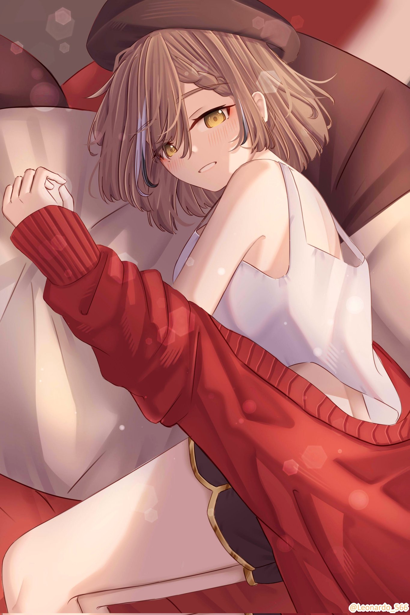 1girl bangs bed bed_sheet beret braid braided_bangs brown_eyes brown_hair camisole cardigan grin hat highres hololive hololive_english leonardo_566 light_particles looking_at_viewer multicolored_hair nanashi_mumei official_alternate_hairstyle pillow red_cardigan short_hair short_shorts shorts smile streaked_hair virtual_youtuber white_camisole