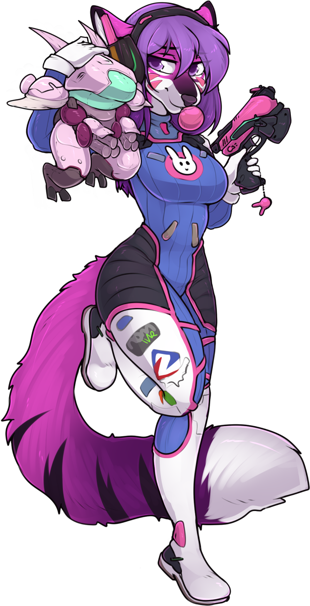 alpha_channel anthro biped blizzard_entertainment breasts bubble_gum canid canine clothed clothing cosplay d.va_(overwatch) digital_media_(artwork) female full-length_portrait fully_clothed fur gun hair hi_res holding_gun holding_object holding_weapon mammal on_one_leg overwatch pink_body pink_fur portrait purple_eyes purple_hair ranged_weapon selene_leni shaded simple_background standing transparent_background video_games weapon zyira