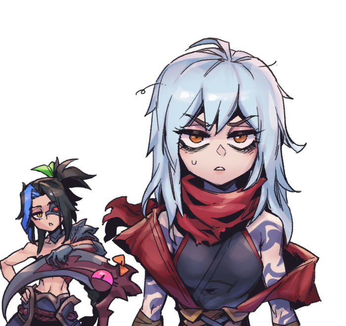 2girls arm_tattoo bangs bare_shoulders black_hair black_sclera blue_hair bow breasts brown_eyes colored_sclera english_commentary genderswap genderswap_(mtf) grey_hair hair_ribbon heterochromia holding holding_scythe kayn_(league_of_legends) league_of_legends long_hair looking_at_viewer medium_breasts messy_hair multicolored_hair multiple_girls navel orange_bow parted_lips phantom_ix_row ponytail red_eyes ribbon scythe shiny shiny_hair shoulder_tattoo simple_background single_bare_shoulder single_shoulder_pad tattoo teeth two-tone_hair upper_body white_background zed_(league_of_legends)