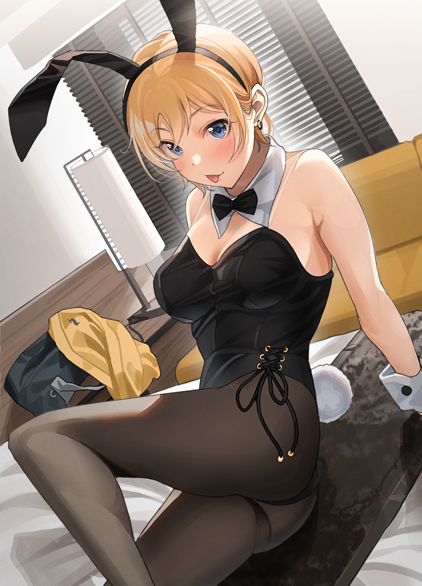 1girl :p animal_ears arm_support bag black_bow black_bowtie black_pantyhose blinds blonde_hair blush bow bowtie breasts detached_collar dutch_angle fake_animal_ears highres indoors large_breasts looking_at_viewer on_bed original pantyhose playboy_bunny rabbit_ears rabbit_tail school_bag sitting solo tail tipii tongue tongue_out