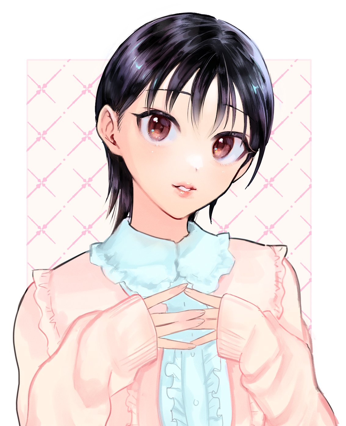 1girl black_hair blush brown_eyes cardigan center_frills collar frilled_collar frills highres idolmaster idolmaster_cinderella_girls long_sleeves looking_at_viewer matsubara_saya own_hands_together parted_lips patterned_background pink_cardigan qqkhoropp shirt solo white_shirt