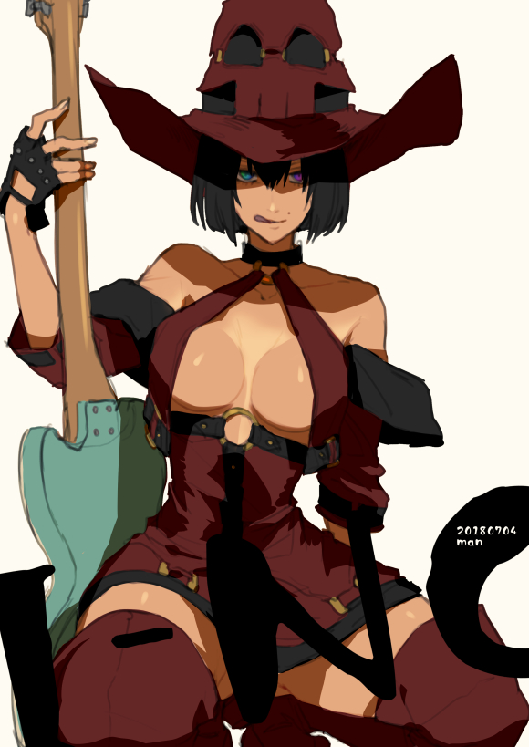 1girl bare_shoulders black_choker black_gloves blue_eyes bob_cut breasts character_name choker collarbone dated electric_guitar fingerless_gloves gloves guilty_gear guitar hair_between_eyes hat heterochromia i-no instrument large_breasts looking_at_viewer maka_(morphine) mole mole_above_mouth mole_under_eye o-ring o-ring_top purple_eyes red_thighhighs short_hair squatting thighhighs thighs tiptoes tongue tongue_out witch witch_hat