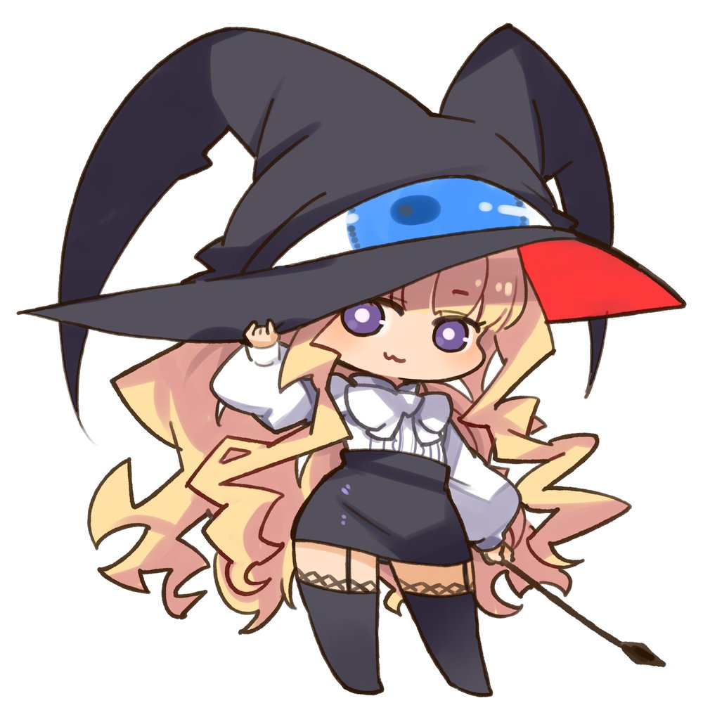 1girl :3 black_skirt black_thighhighs blonde_hair breasts chibi closed_mouth full_body garter_straps hat lilith_(yamibou) long_hair looking_at_viewer mota purple_eyes simple_background skirt smile solo thighhighs very_long_hair wavy_hair white_background witch_hat yami_to_boushi_to_hon_no_tabibito