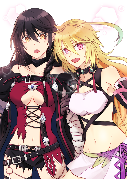 2girls ahoge bandaged_arm bandages bare_shoulders belt black_choker black_hair black_jacket black_shorts blonde_hair braid breasts brown_gloves choker cleavage cowboy_shot crop_top detached_sleeves gloves hair_between_eyes hair_over_shoulder holding_another's_arm jacket lace-up_top looking_at_viewer loose_belt medium_breasts micro_shorts midriff milla_maxwell miniskirt multiple_girls navel off-shoulder_jacket off_shoulder open_mouth pink_eyes red_shirt saklo shirt shorts single_braid single_sidelock skirt smile studded_belt sweatdrop tales_of_(series) tales_of_berseria tales_of_xillia torn_clothes torn_shorts velvet_crowe white_background white_shirt white_skirt yellow_eyes