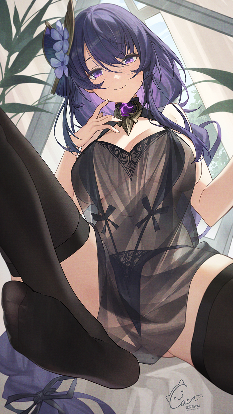 1girl alternate_costume bangs bare_shoulders black_panties black_thighhighs braid braided_ponytail breasts catsmoon cleavage closed_mouth feet from_below genshin_impact hair_ornament highres large_breasts lingerie long_hair looking_at_viewer looking_down navel panties purple_eyes purple_hair raiden_shogun see-through smile soles solo thighhighs thighs underwear vision_(genshin_impact)