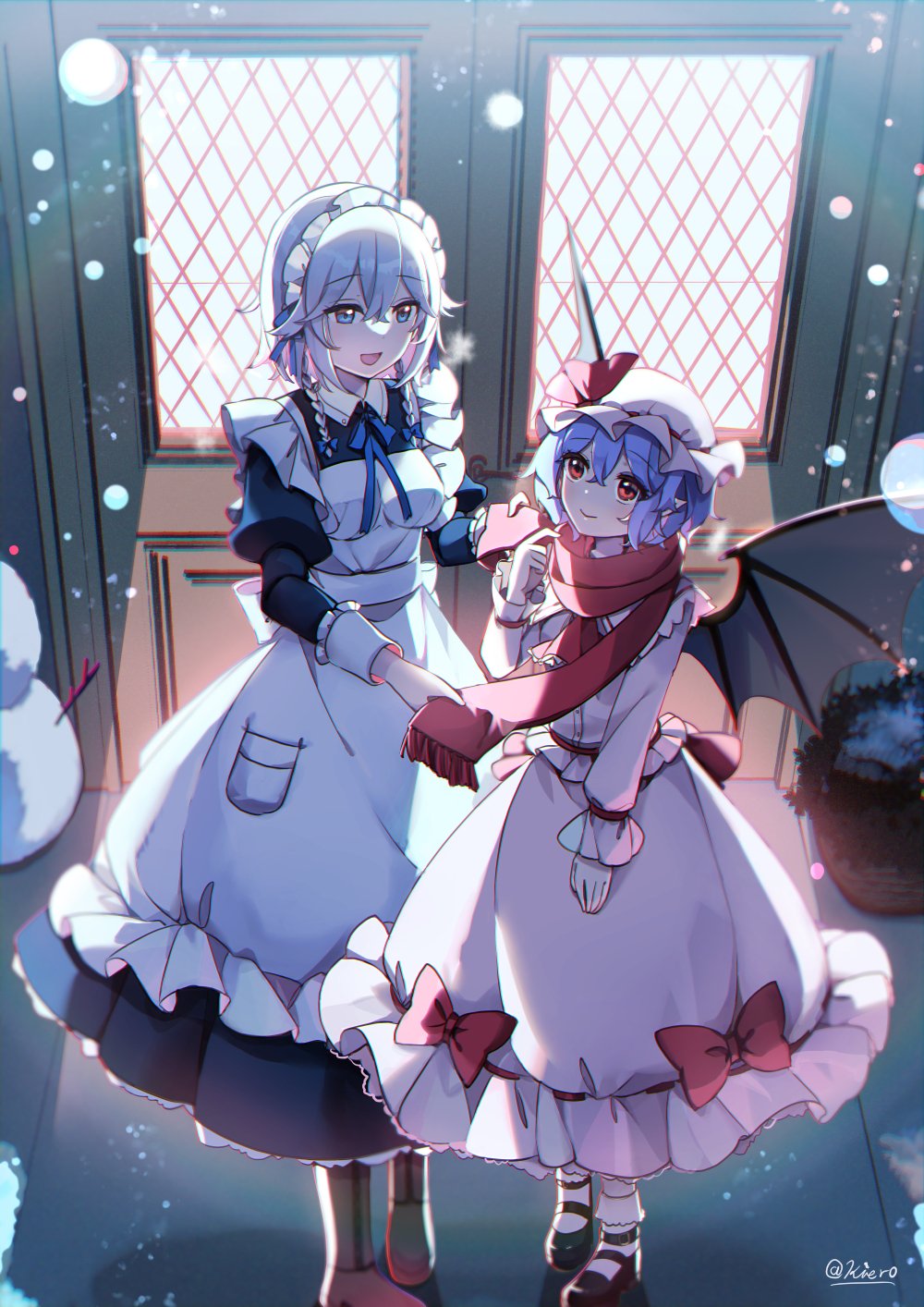 2girls :d adjusting_another's_clothes adjusting_scarf apron ascot backlighting bangs bat_wings black_wings blue_bow blue_dress blue_eyes blue_hair blue_ribbon boots bow braid bubble_skirt chromatic_aberration commentary crossed_bangs door dress flipped_hair full_body grey_hair hair_between_eyes hair_bow half-closed_eyes hat hat_ribbon highres izayoi_sakuya juliet_sleeves kirero long_dress long_skirt long_sleeves maid_apron maid_headdress mary_janes mob_cap multiple_girls neck_ribbon outdoors overexposure pink_headwear pink_shirt pink_skirt pocket pointy_ears puffy_sleeves red_ascot red_bow red_eyes red_ribbon red_scarf remilia_scarlet ribbon scarf shirt shoes short_hair sidelocks skirt skirt_bow skirt_set sleeve_cuffs smile snowing snowman standing touhou twin_braids twitter_username waist_bow white_apron wings winter_clothes
