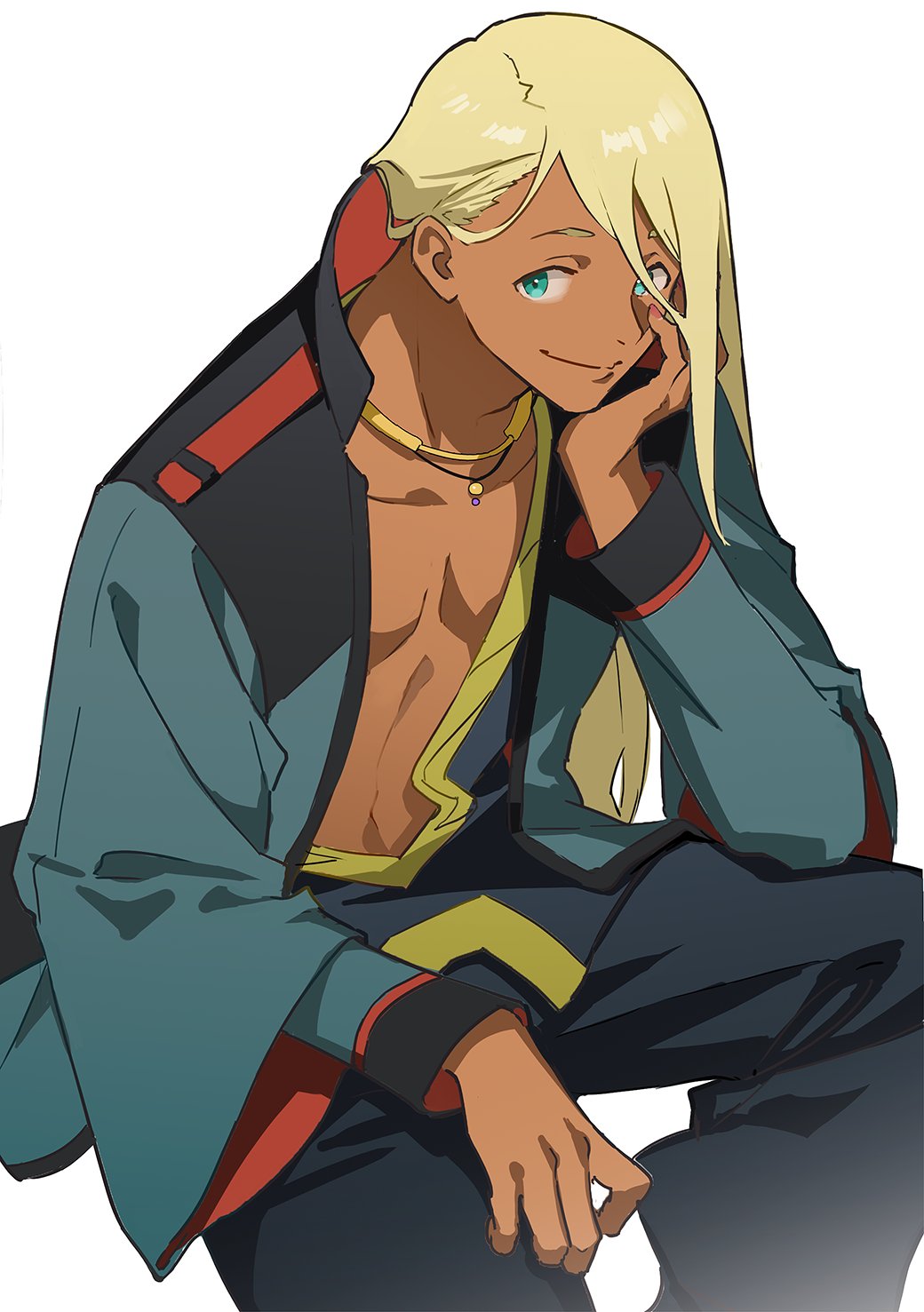 1boy asticassia_school_uniform bare_pectorals black_pants blonde_hair blue_eyes collarbone dark-skinned_male dark_skin green_shirt gundam gundam_suisei_no_majo hair_behind_ear hand_on_own_cheek hand_on_own_face highres jewelry long_hair looking_to_the_side male_focus mogumo navel necklace pants pectorals school_uniform shaddiq_zennelli shirt sitting smile solo very_long_hair white_background