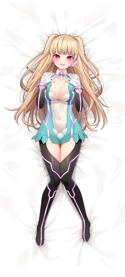 1girl bare_shoulders bed_sheet black_pantyhose blonde_hair blue_dress breasts center_opening chitetan cleavage clothing_cutout collarbone commentary_request commission copyright_request dress gloves hands_up headset long_hair looking_at_viewer lying medium_breasts no_shoes on_back open_mouth pantyhose red_eyes skeb_commission solo thigh_cutout two_side_up very_long_hair wavy_mouth white_gloves