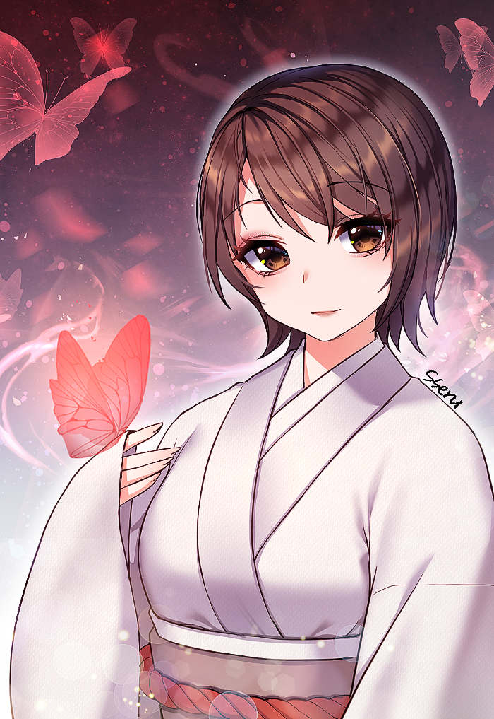 1girl animal animal_on_hand bangs breasts brown_eyes brown_hair bug butterfly character_request closed_mouth commentary_request hand_up identity_v japanese_clothes kimono korean_commentary long_sleeves looking_at_viewer medium_breasts obi sash short_hair signature sleeves_past_wrists smile solo swept_bangs tempy_(rinsia) upper_body white_kimono wide_sleeves