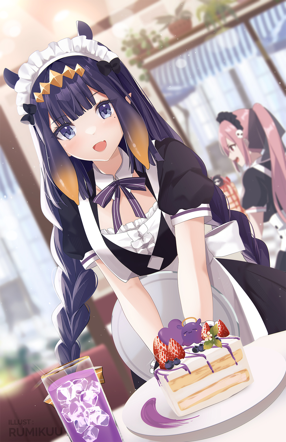 2girls :d alternate_costume blurry blurry_background braid cake cup death-sensei_(mori_calliope) detached_collar drinking_glass dutch_angle enmaided error fang food fruit highres hololive hololive_english ice ice_cube indoors k-rumi light_blush long_hair looking_at_viewer looking_away low_twin_braids maid maid_headdress mole mole_under_eye mori_calliope multiple_girls ninomae_ina'nis pink_hair pointy_ears purple_eyes purple_hair skin_fang smile strawberry takodachi_(ninomae_ina'nis) tentacle_hair tray twin_braids v_arms very_long_hair virtual_youtuber