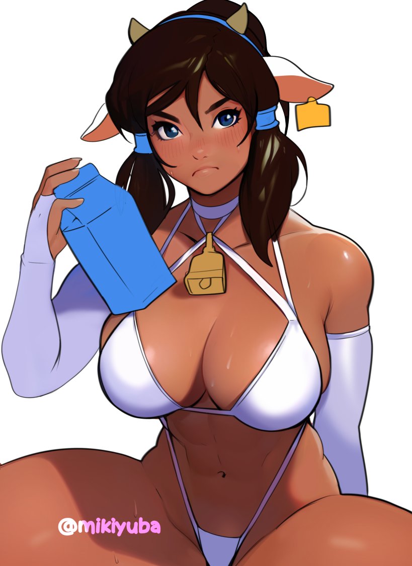 1girl abs animal_ears artist_name avatar_(series) bangs bare_shoulders bikini blush breasts brown_hair collarbone cow_ears cow_horns detached_sleeves ear_tag frown groin hand_up holding holding_carton horns korra large_breasts long_hair mikiyuba navel ponytail solo swimsuit the_legend_of_korra white_bikini white_sleeves