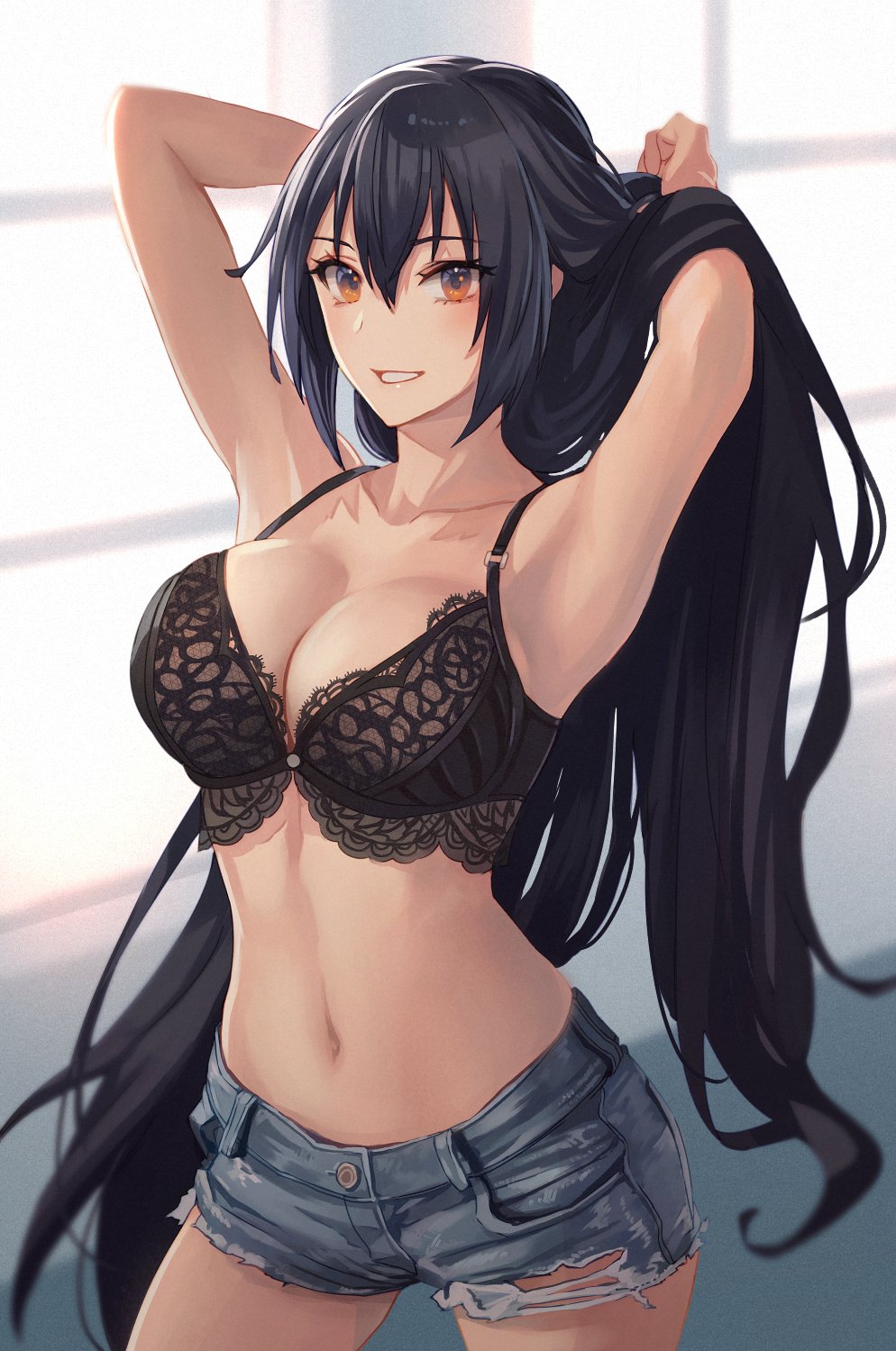 1girl alternate_costume armpits arms_up bangs black_bracelet black_hair blurry blurry_background breasts brown_eyes cleavage collarbone contrapposto denim denim_shorts hair_between_eyes hands_in_hair highres kantai_collection kasumi_(skchkko) large_breasts long_bangs long_hair looking_at_viewer nagato_(kancolle) navel parted_lips shorts smile solo