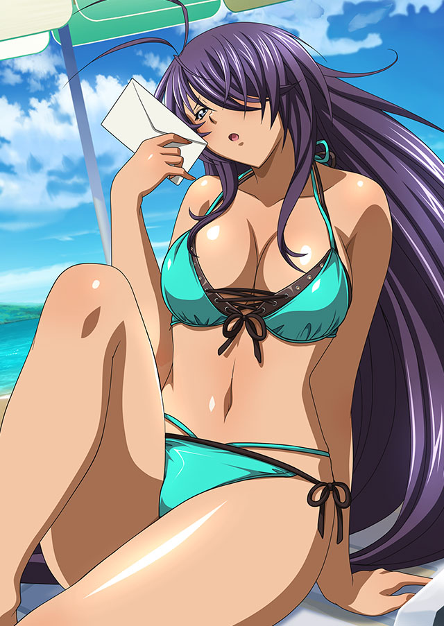 1girl antenna_hair aqua_bikini arm_support bare_arms bare_legs bikini blue_sky breasts cleavage collarbone day floating_hair front-tie_bikini_top front-tie_top grey_eyes hair_over_one_eye halterneck holding holding_letter ikkitousen kan'u_unchou large_breasts letter long_hair multi-strapped_bikini navel ocean outdoors purple_hair shiny shiny_hair shiny_skin side-tie_bikini_bottom sky solo summer swimsuit very_long_hair