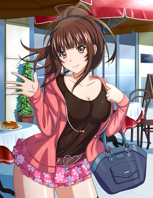 1girl bachou_mouki bag bangs belt belt_buckle black_shirt blunt_bangs breasts brown_belt brown_eyes brown_hair buckle cleavage closed_mouth collarbone cowboy_shot day floating_hair floral_print high_ponytail holding holding_bag hood hood_down hooded_jacket ikkitousen jacket layered_skirt long_hair looking_at_viewer medium_breasts miniskirt open_clothes open_jacket outdoors pink_jacket pink_skirt pleated_skirt print_skirt shirt skirt smile solo standing