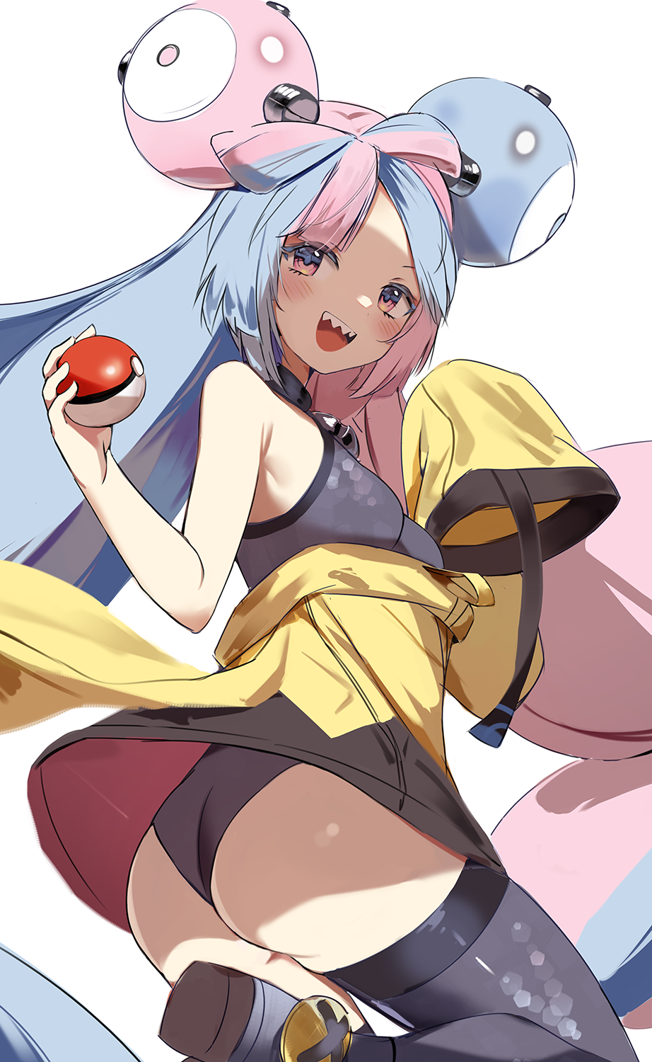 1girl :d ass bangs black_leotard black_thighhighs blue_hair blush breasts hair_ornament highres holding holding_poke_ball iono_(pokemon) leotard leotard_under_clothes long_hair long_sleeves multicolored_hair orobou pink_eyes pink_hair poke_ball pokemon pokemon_(game) pokemon_sv sharp_teeth simple_background sleeves_past_wrists small_breasts smile solo standing standing_on_one_leg teeth thighhighs two-tone_hair very_long_hair white_background wide_sleeves