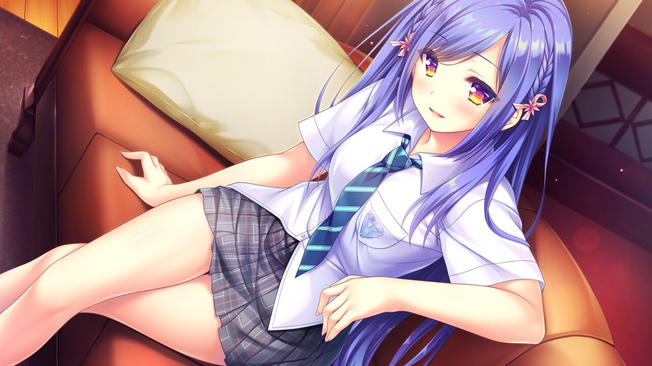 1girl :d bare_legs blue_hair blue_necktie blush braid breast_pocket collared_shirt couch crossed_legs dress_shirt dutch_angle game_cg grey_skirt hair_ribbon long_hair miniskirt moekibara_fumitake necktie open_mouth pillow pink_ribbon plaid plaid_skirt pleated_skirt pocket ribbon school_uniform shibata_kanako shiny shiny_hair shiny_skin shirt sitting skirt smile solo striped_necktie very_long_hair white_shirt wing_collar yellow_eyes yumahorome_~toki_wo_tometa_yakata_de_asu_wo_sagasu_maigo-tachi~