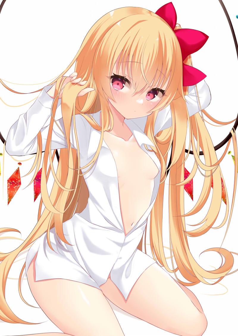 1girl alternate_hair_length alternate_hairstyle blonde_hair blush breasts closed_mouth crystal flandre_scarlet hair_ribbon long_hair long_sleeves looking_at_viewer navel open_clothes open_shirt red_eyes red_ribbon ribbon shirt simple_background sitting small_breasts solo thighs tosakaoil touhou very_long_hair white_background white_shirt wings