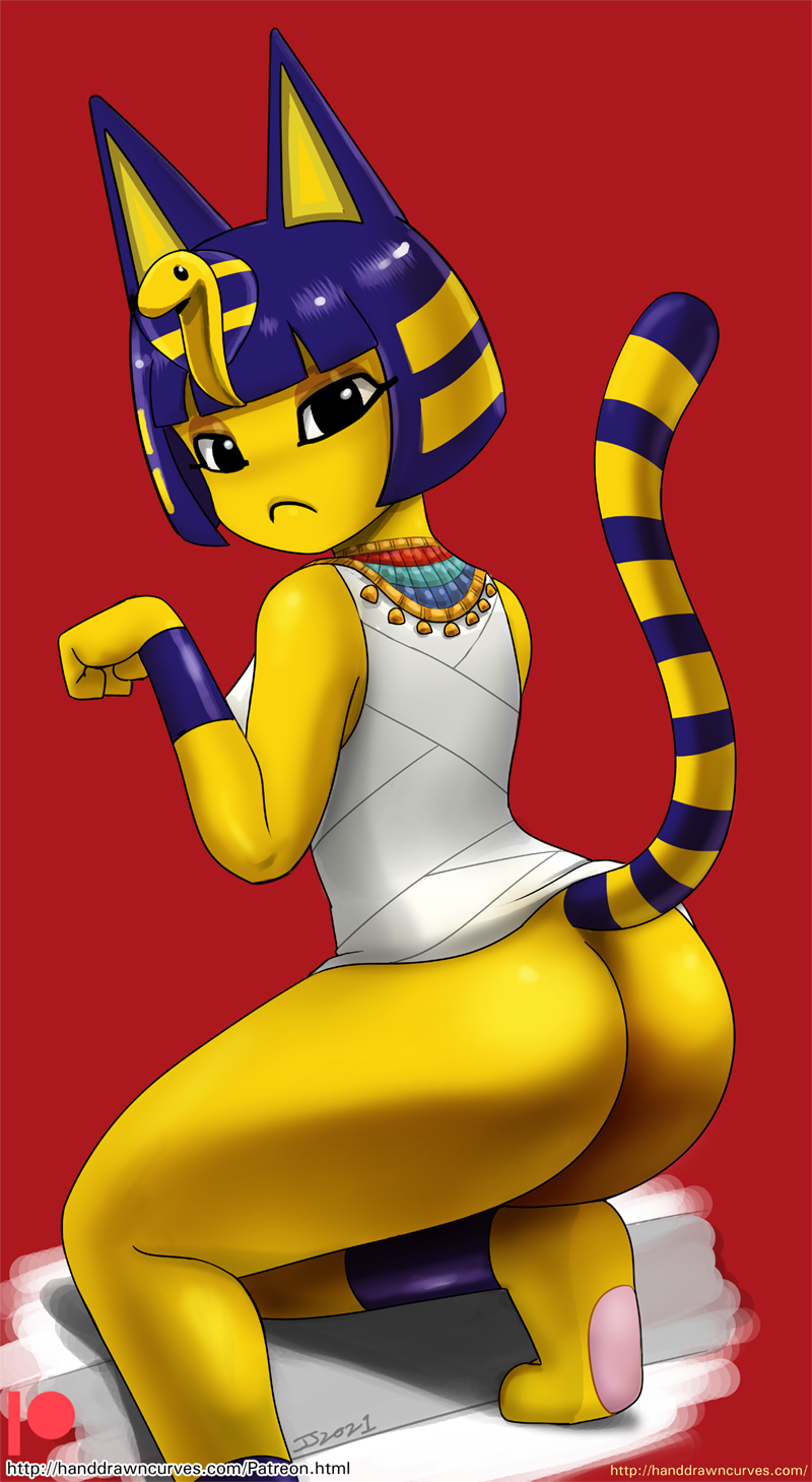 2021 animal_crossing ankha_(animal_crossing) anthro black_eyes blue_ears blue_hair bottomless butt clothed clothing digital_media_(artwork) domestic_cat egyptian felid feline felis female fur hair hi_res john_joseco mammal nintendo simple_background video_games yellow_body yellow_fur