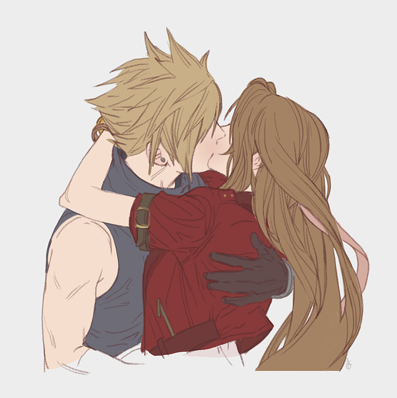 1boy 1girl aerith_gainsborough arm_around_back arms_around_neck ashley_swidowski bangle bangs bare_shoulders black_gloves blonde_hair blue_shirt bracelet brown_hair cloud_strife couple cropped_jacket dress final_fantasy final_fantasy_vii final_fantasy_vii_remake gloves grey_background hair_down hand_on_another's_back hetero jacket jewelry kiss long_hair parted_bangs pink_dress red_jacket shirt short_hair short_sleeves sidelocks sleeveless sleeveless_turtleneck spiked_hair turtleneck upper_body