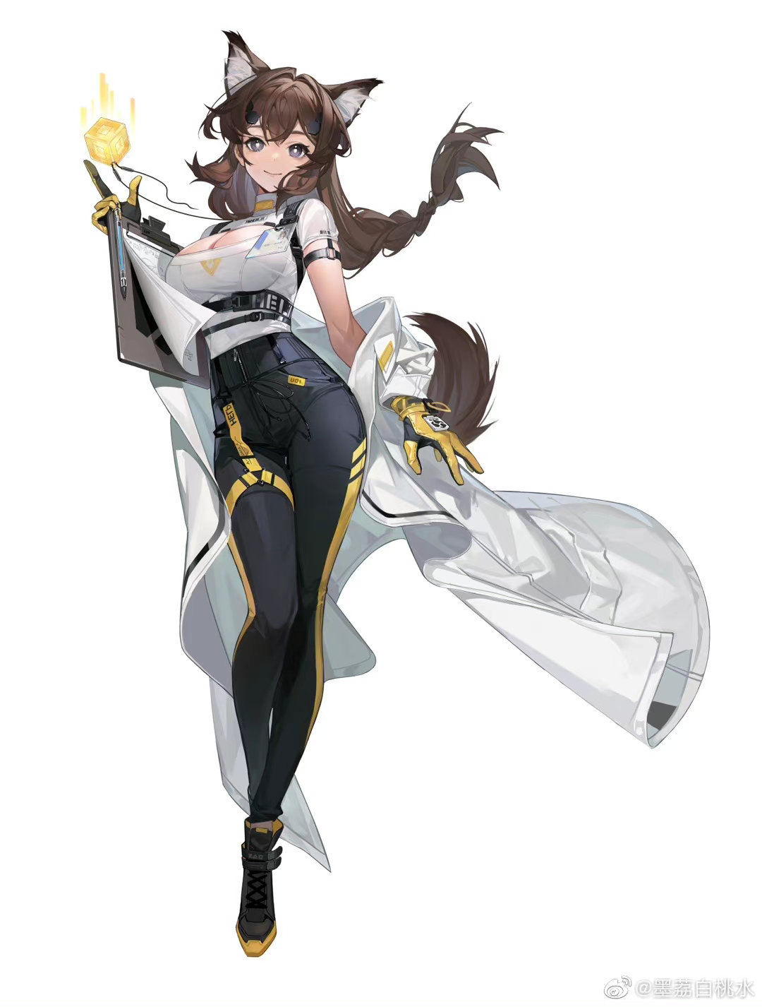 1girl animal_ear_fluff animal_ears black_pants breasts brown_hair cleavage cleavage_cutout clipboard clothing_cutout commentary_request cube full_body girls'_frontline girls'_frontline_neural_cloud gloves hair_ornament highres holding holding_clipboard jewelry labcoat large_breasts long_hair looking_at_viewer mo_li_baitao_shui necklace off_shoulder pants prototype purple_eyes shirt shoes short_sleeves simple_background smile solo tail turing_(girls'_frontline_nc) weibo_username white_background white_shirt yellow_gloves