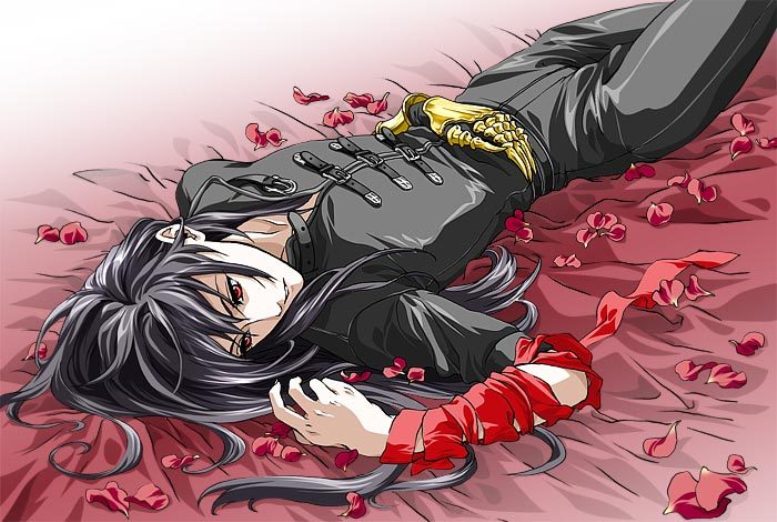 black_hair claw claws final_fantasy final_fantasy_vii flower laying long_hair lying male male_focus red_eyes ribbon vincent_valentine