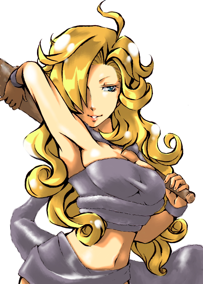 ayla_(chrono_trigger) blonde_hair blue_eyes breasts chrono_trigger cleavage curly_hair hand_on_hip long_hair looking_at_viewer solo