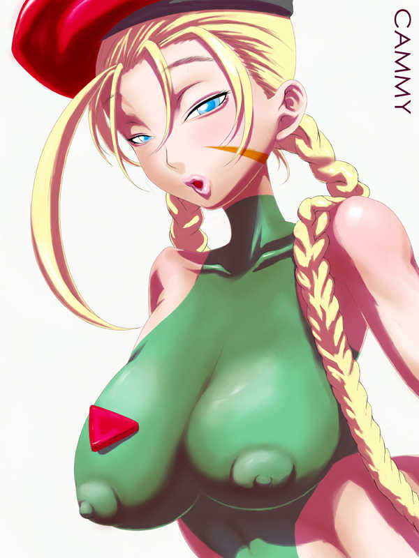 badge beret blonde_hair blue_eyes bodysuit braid braids breasts cammy_white capcom close-up erect_nipples face_paint facepaint female hat large_breasts lips long_hair nipples simple_background skin_tight solo street_fighter triberry twin_braids white_background