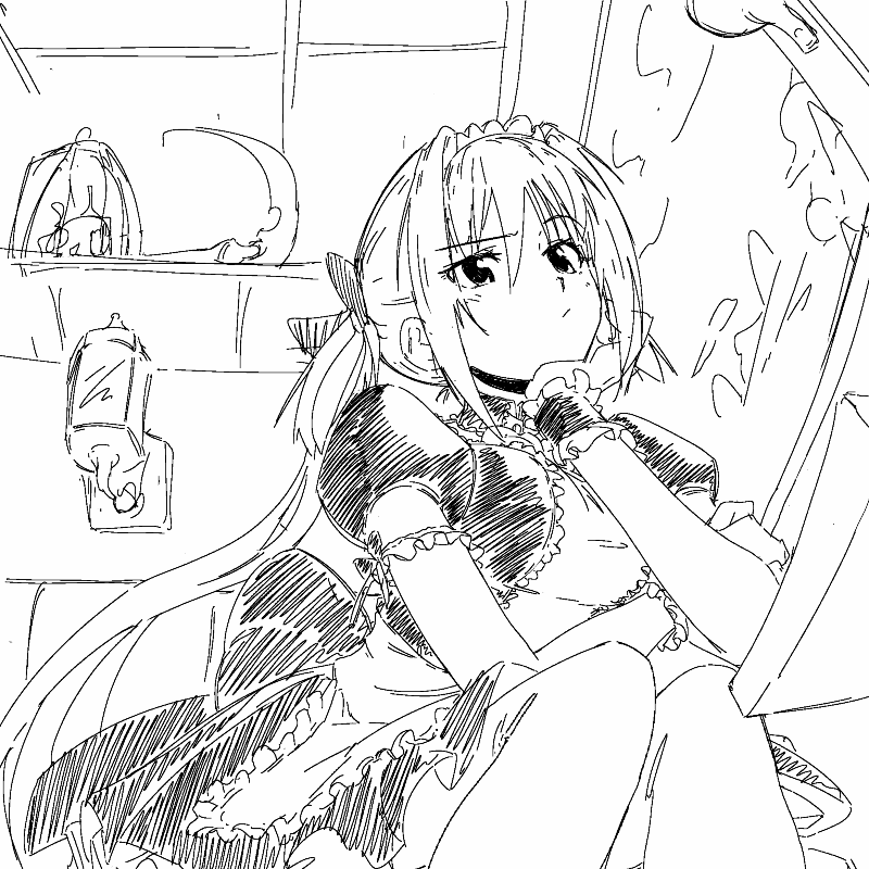 1girl airi_(the_infernal_temptress) animated animated_gif apron bad_link black_dress bow cage drawfag dress ghost greyscale hair_bow maid_apron maid_headdress monochrome puffy_sleeves queen's_blade scythe sitting solo train_interior twintails wrist_cuffs