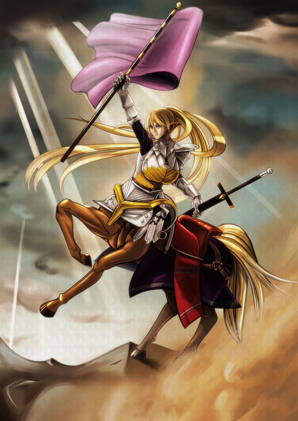 1girl animal_ears arm_up armor bangs blonde_hair blue_eyes breasts centaur centorea_shianus closed_mouth cloud cloudy_sky commentary_request desert flag floating_hair full_armor full_body gauntlets hair_between_eyes highres holding holding_pole holding_sheath horse_ears horse_tail imaani large_breasts light_rays long_hair monster_girl monster_musume_no_iru_nichijou multiple_legs pointy_ears pole ponytail rearing saddle shadow sheath sheathed shoulder_armor sidelocks sky solo standing sword tail taur very_long_hair weapon