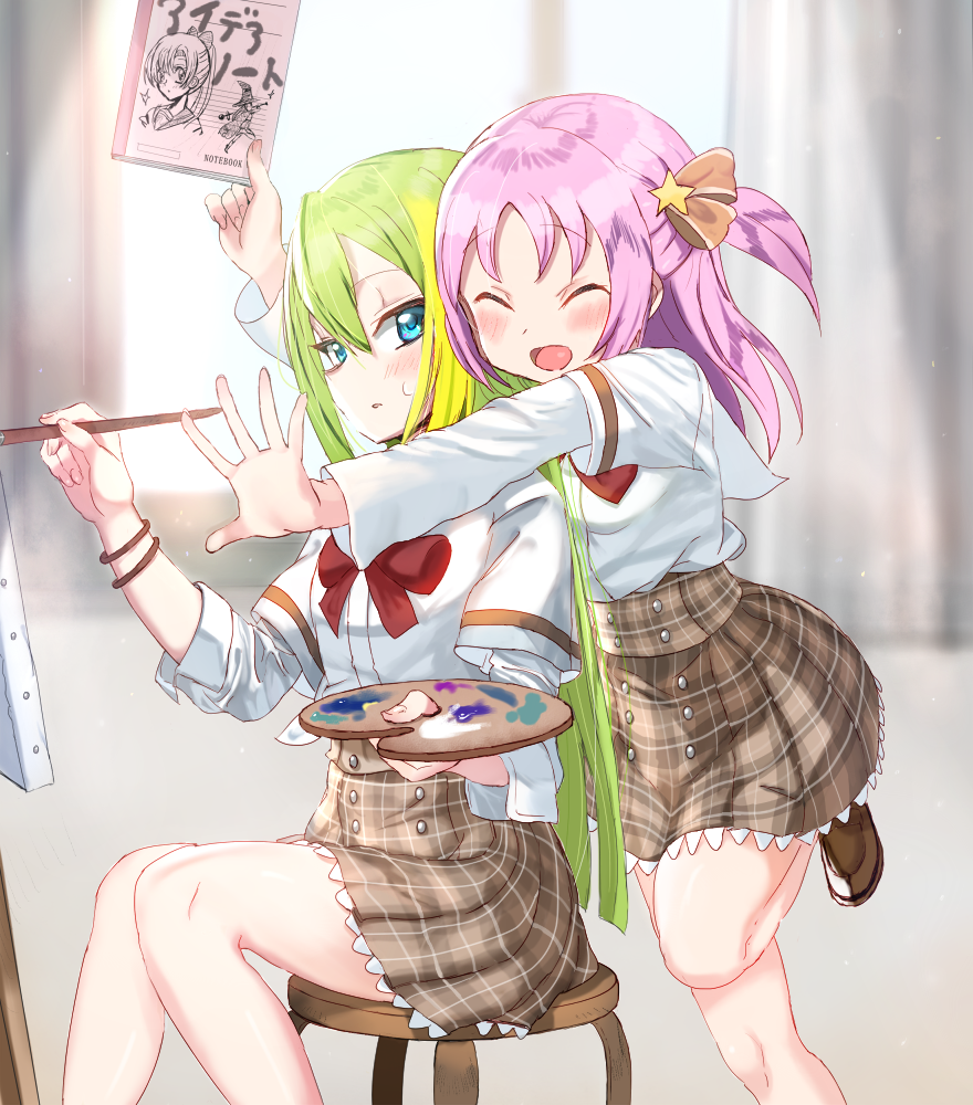 2girls alina_gray alknasn aqua_eyes bangs blunt_ends blurry blurry_background bow bowtie brown_skirt closed_eyes closed_mouth green_hair hair_between_eyes hair_ornament hair_ribbon holding holding_paintbrush hug hug_from_behind indoors layered_sleeves long_hair long_sleeves magia_record:_mahou_shoujo_madoka_magica_gaiden mahou_shoujo_madoka_magica medium_hair misono_karin multicolored_hair multiple_girls open_mouth orange_ribbon paintbrush parted_bangs parted_hair plaid plaid_skirt purple_hair red_bow red_bowtie ribbon sakae_general_school_uniform school_uniform shirt short_over_long_sleeves short_sleeves side-tie_shirt sidelocks single_hair_ring sitting skirt sleeve_cuffs smile star_(symbol) star_hair_ornament stool straight_hair streaked_hair sweatdrop two_side_up very_long_hair white_shirt window wing_collar