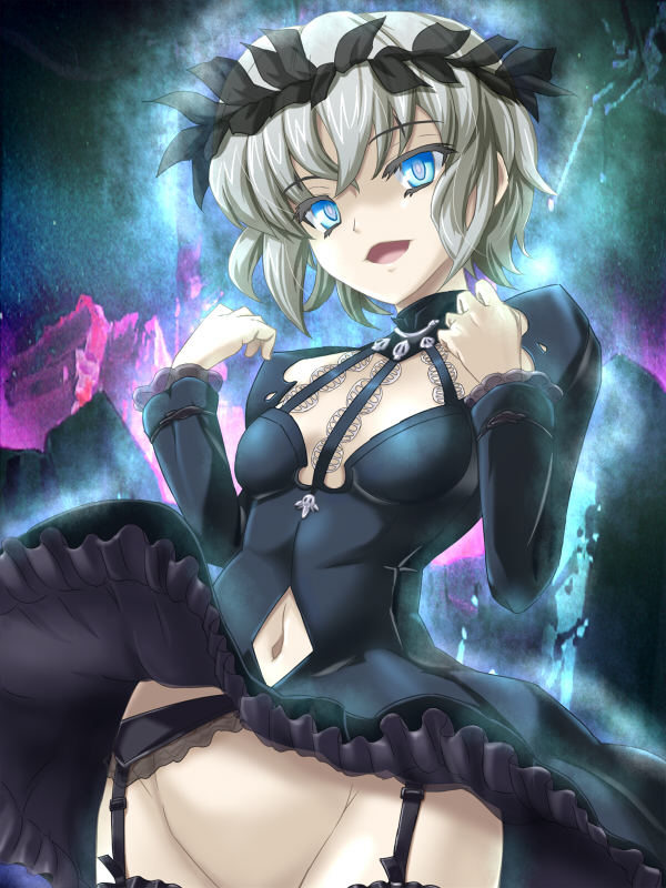 1girl am_isuel aura bangs black_dress black_garter_belt black_garter_straps black_headwear blue_eyes breasts center_opening cleavage_cutout clothes_lift clothing_cutout commentary_request cowboy_shot dha dress dress_lift frilled_dress frilled_garter_belt frilled_sleeves frilled_thighhighs frills garter_belt garter_straps gothic_lolita grey_hair groin hands_up laurel_crown layered_dress layered_sleeves lolita_fashion long_sleeves looking_at_viewer navel navel_cutout no_panties open_mouth pale_skin rance_(series) rance_quest rance_quest_magnum short_dress short_hair_with_long_locks sidelocks small_breasts smile solo thick_eyelashes thighhighs