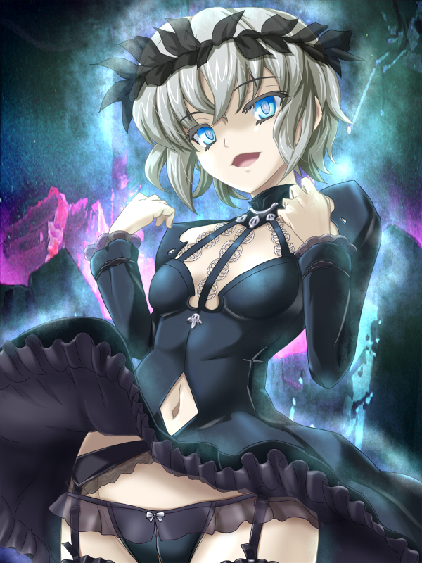 1girl am_isuel aura bangs black_dress black_garter_belt black_garter_straps black_headwear black_panties blue_eyes bow bow_panties breasts center_opening cleavage_cutout clothes_lift clothing_cutout commentary_request cowboy_shot crotchless crotchless_panties dha dress dress_lift frilled_dress frilled_garter_belt frilled_panties frilled_sleeves frilled_thighhighs frills garter_belt garter_straps gothic_lolita grey_hair groin hands_up laurel_crown layered_dress layered_sleeves lolita_fashion long_sleeves looking_at_viewer lowleg lowleg_panties navel navel_cutout open_mouth pale_skin panties pantyshot rance_(series) rance_quest rance_quest_magnum short_dress short_hair_with_long_locks sidelocks small_breasts smile solo thick_eyelashes thighhighs underwear white_bow