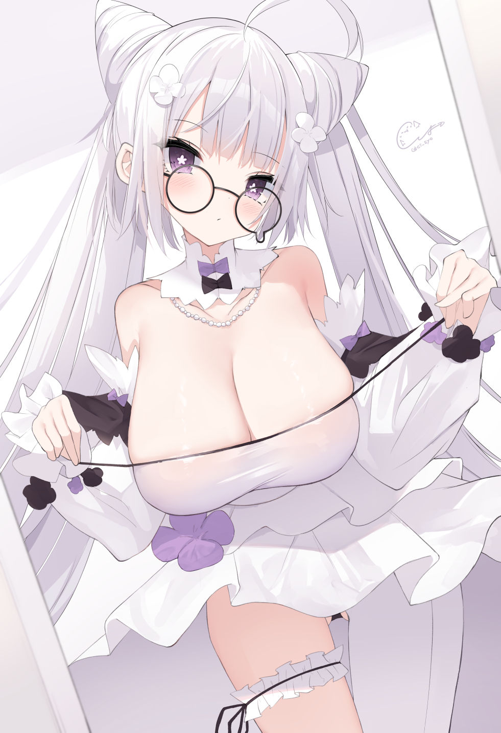 1girl ahoge bare_shoulders black_panties breasts cisyo cleavage collarbone commission cone_hair_bun cowboy_shot detached_collar double_bun dress flower-shaped_pupils glasses hair_bun hands_up head_tilt highres jewelry large_breasts leaning_forward light_blush long_hair looking_at_viewer necklace original panties purple_eyes single_leg_pantyhose skeb_commission strap_pull symbol-shaped_pupils thigh_gap thigh_strap twintails underwear very_long_hair white_hair