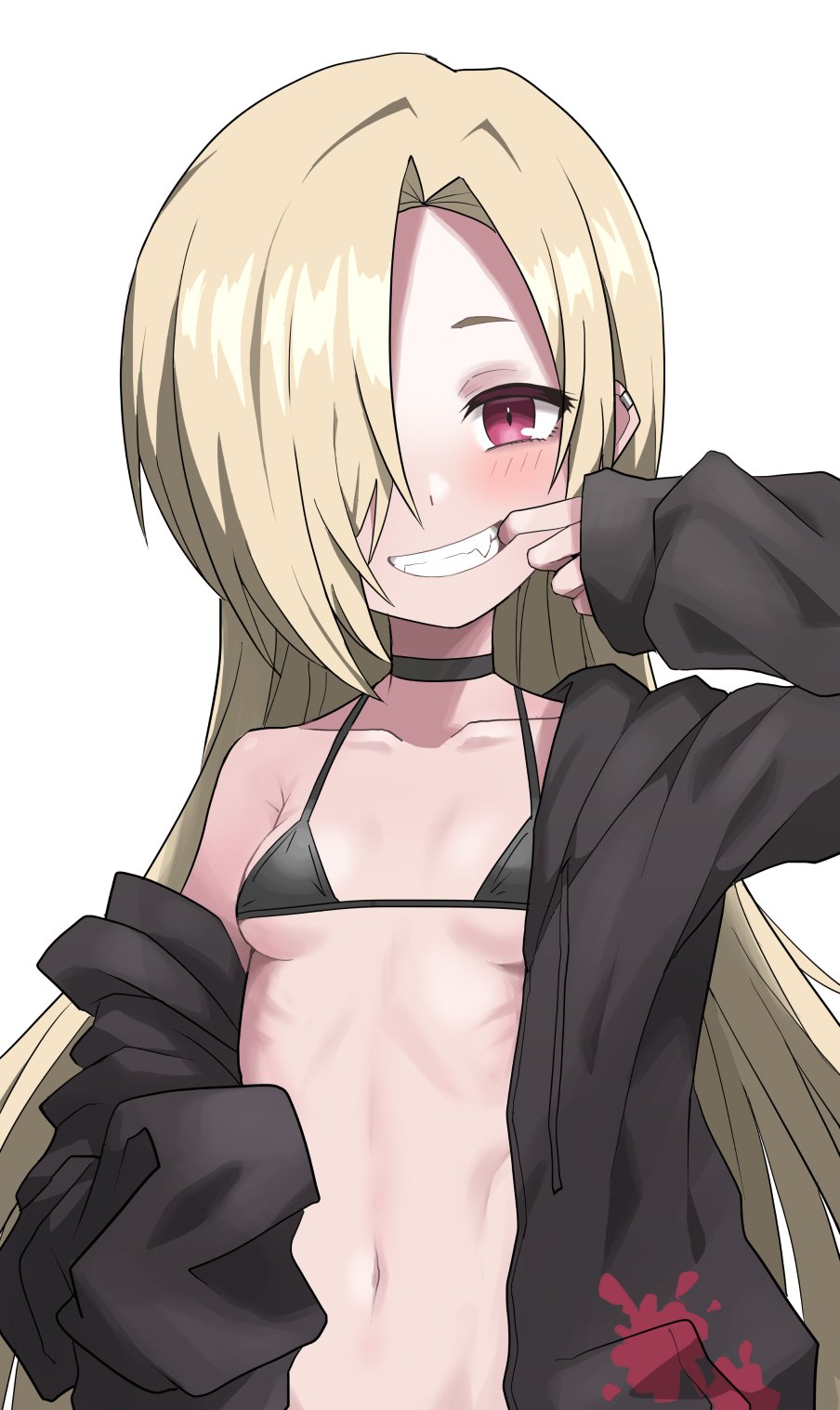 1girl alternate_hair_length alternate_hairstyle bikini black_bikini black_choker black_jacket blonde_hair breasts choker clenched_teeth collarbone commentary ear_piercing fangs hair_over_one_eye halulu highres idolmaster idolmaster_cinderella_girls jacket long_hair long_sleeves looking_at_viewer navel piercing red_eyes ribs shirasaka_koume small_breasts smile solo swimsuit symbol-only_commentary teeth