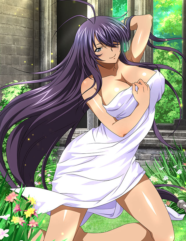 1girl bare_arms bare_legs breasts cleavage closed_mouth collarbone day floating_hair flower grey_eyes hair_over_one_eye hand_in_own_hair ikkitousen kan'u_unchou large_breasts long_hair looking_at_viewer low-tied_long_hair naked_towel outdoors pink_flower purple_hair shiny shiny_hair shiny_skin smile solo towel very_long_hair yellow_flower