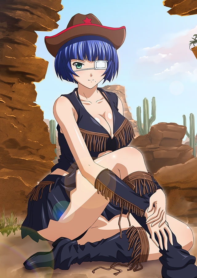 1girl alternate_costume bangs black_footwear black_panties black_shirt black_skirt black_sleeves blue_hair blunt_bangs boots breasts brown_headwear cleavage closed_mouth collarbone cowboy_hat day detached_sleeves eyepatch feet_out_of_frame green_eyes halterneck hat ikkitousen knee_boots large_breasts looking_at_viewer miniskirt mole mole_under_mouth outdoors panties pantyshot pleated_skirt ryomou_shimei shiny shiny_hair shirt short_hair sitting skirt sleeveless sleeveless_shirt smile solo underwear